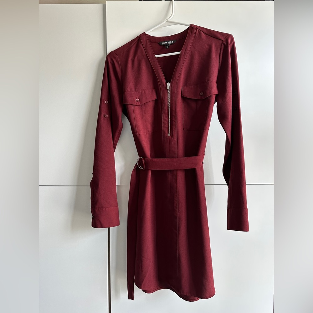 EXPRESS LONG SLEEVE ZIP FRONT SHIRT DRESS dark red burgundy
